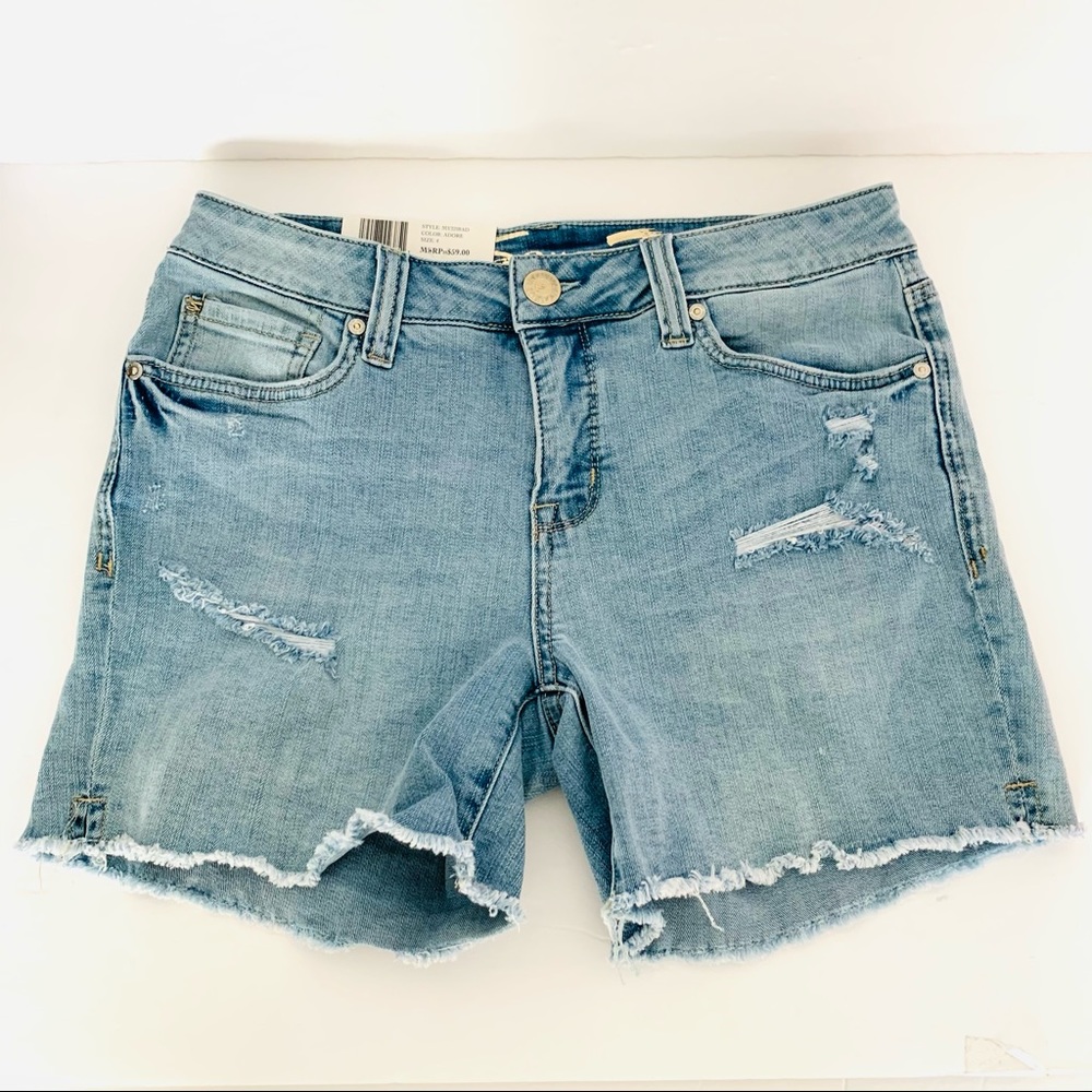 Seven7 Blue Distressed Jean Shorts with Frayed Hem